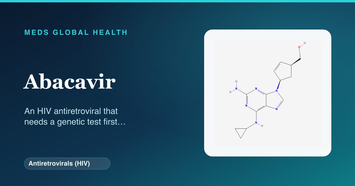 Abacavir (Antiretrovirals (HIV)) — Meds Global Health reference card with 2D molecular structure