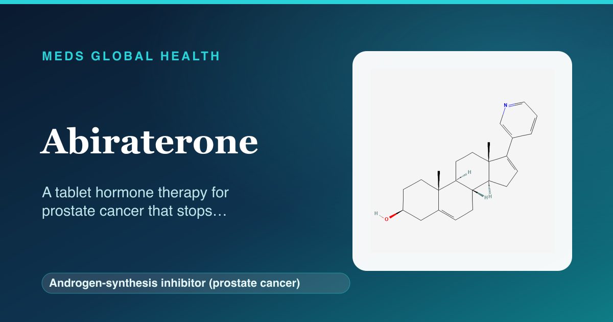 Abiraterone (Androgen-synthesis inhibitor (prostate cancer)) — Meds Global Health reference card with 2D molecular structure