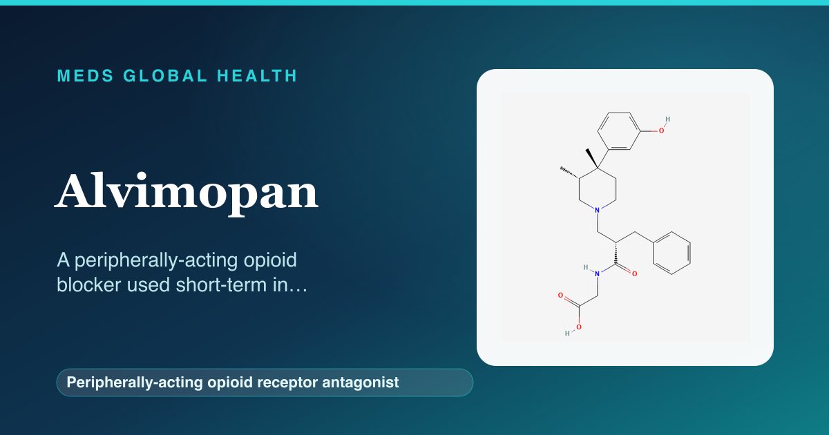 Alvimopan (Peripherally-acting opioid receptor antagonist) — Meds Global Health reference card with 2D molecular structure