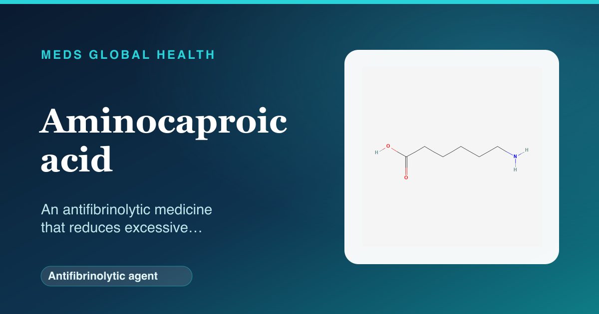 Aminocaproic acid (Antifibrinolytic agent) — Meds Global Health reference card with 2D molecular structure