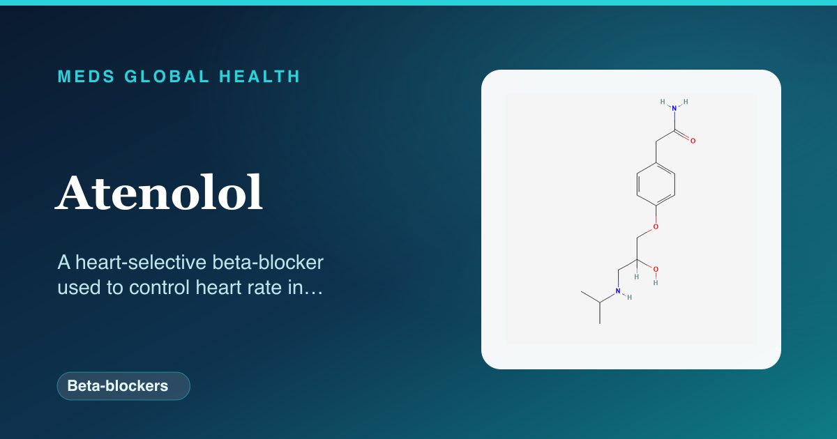 Atenolol (Beta-blockers) — Meds Global Health reference card with 2D molecular structure