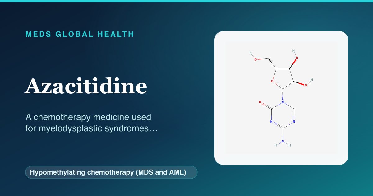 Azacitidine (Hypomethylating chemotherapy (MDS and AML)) — Meds Global Health reference card with 2D molecular structure