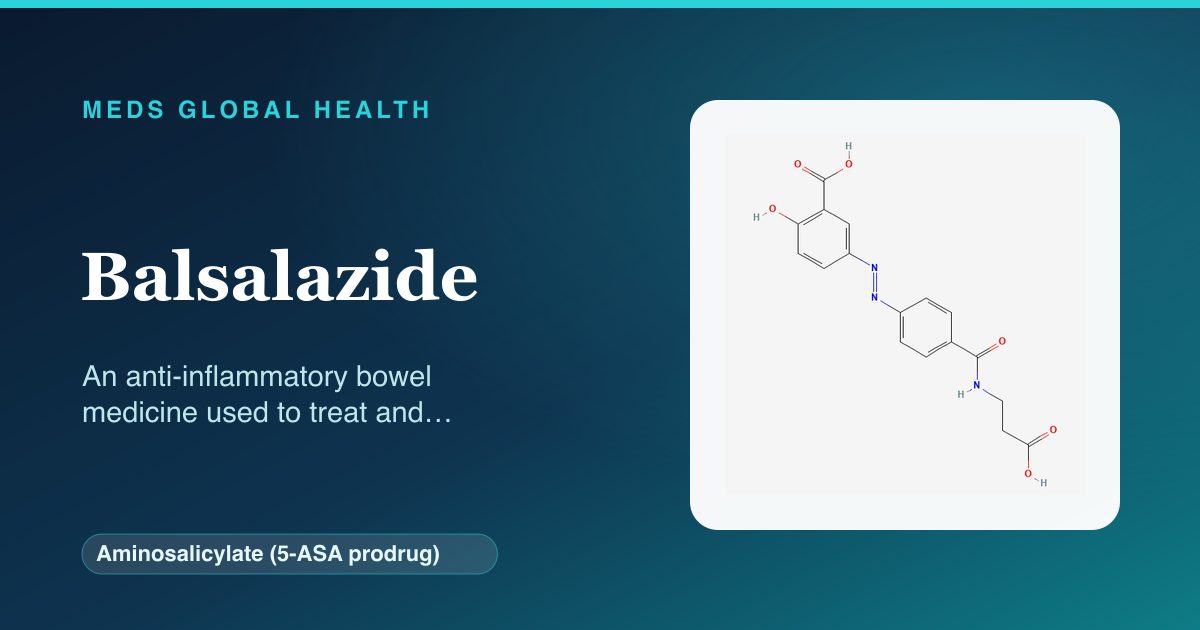 Balsalazide (Aminosalicylate (5-ASA prodrug)) — Meds Global Health reference card with 2D molecular structure