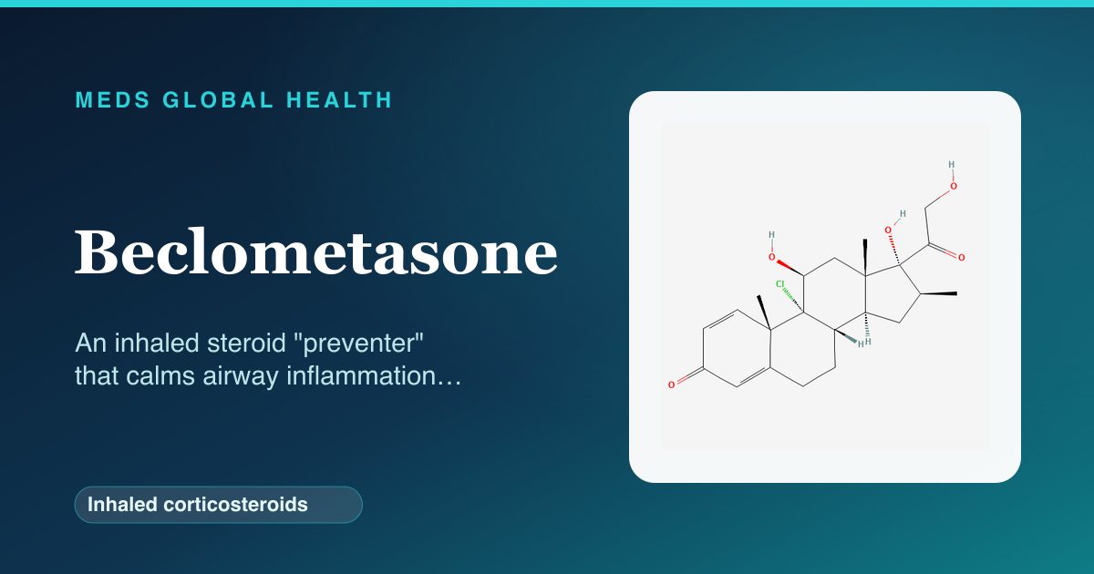 Beclometasone (Inhaled corticosteroids) — Meds Global Health reference card with 2D molecular structure