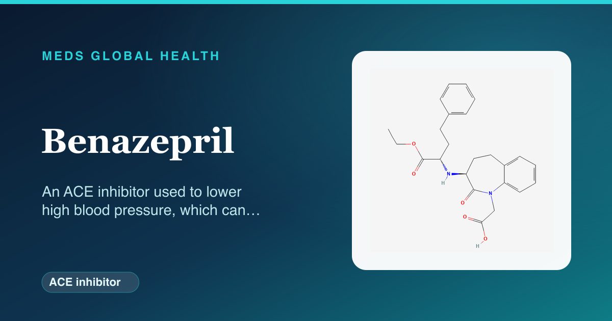Benazepril (ACE inhibitor) — Meds Global Health reference card with 2D molecular structure