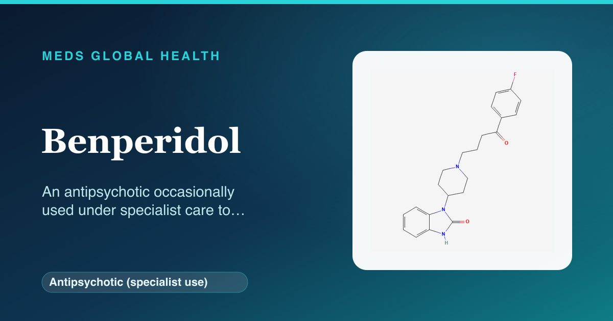 Benperidol (Antipsychotic (specialist use)) — Meds Global Health reference card with 2D molecular structure