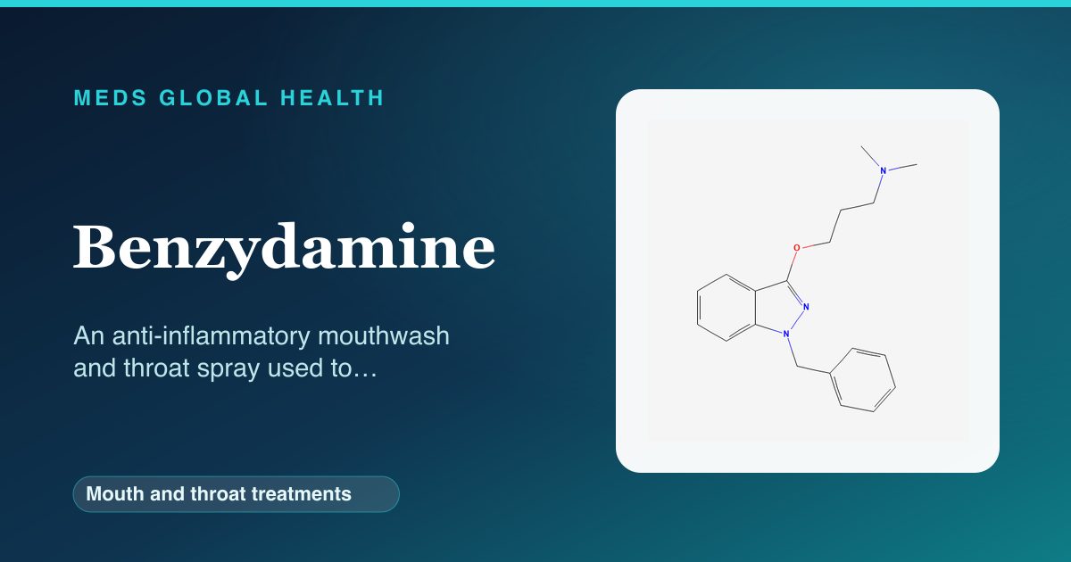Benzydamine (Mouth and throat treatments) — Meds Global Health reference card with 2D molecular structure