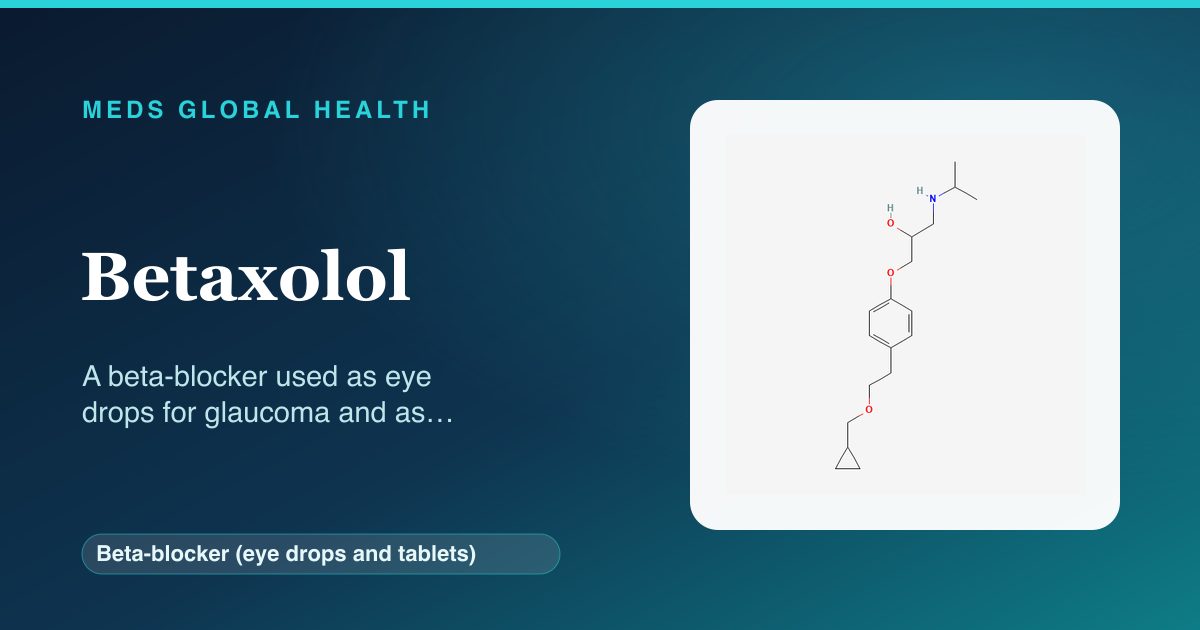 Betaxolol (Beta-blocker (eye drops and tablets)) — Meds Global Health reference card with 2D molecular structure