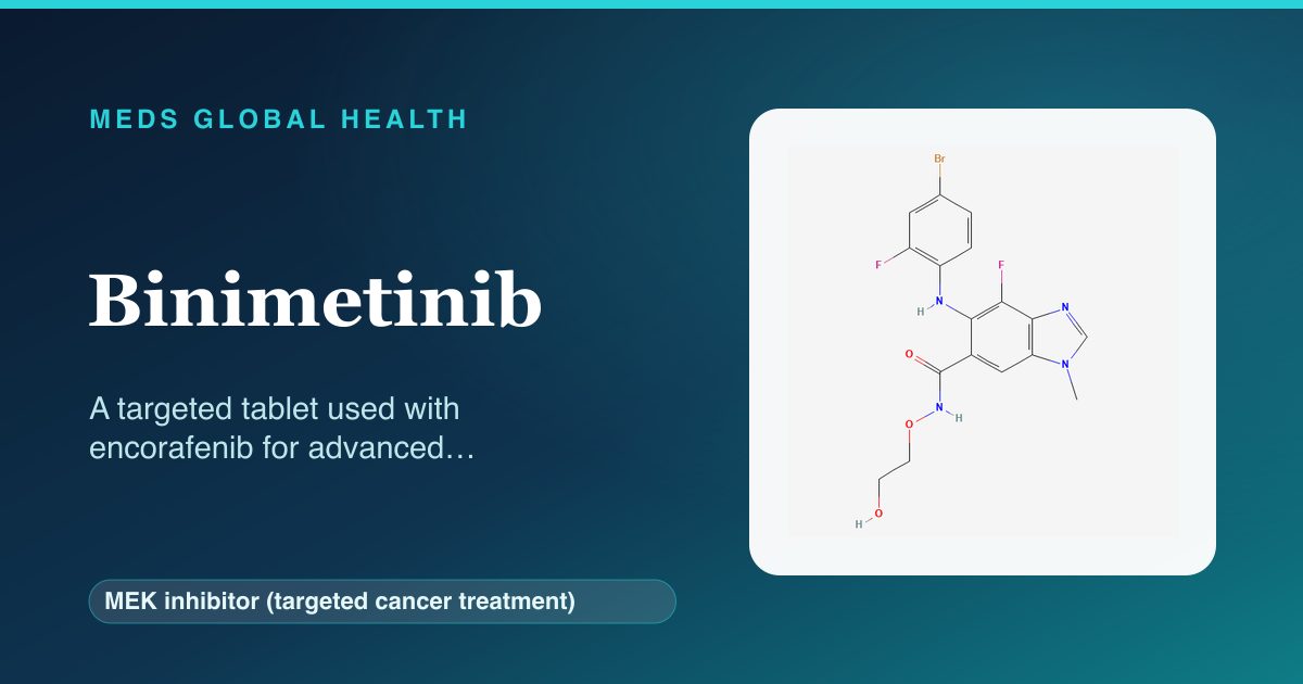 Binimetinib (MEK inhibitor (targeted cancer treatment)) — Meds Global Health reference card with 2D molecular structure
