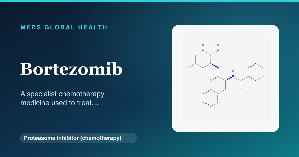 Bortezomib (Proteasome inhibitor (chemotherapy)) — Meds Global Health reference card with 2D molecular structure