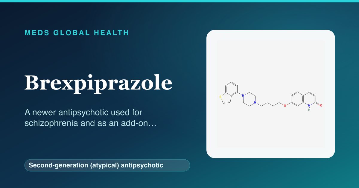 Brexpiprazole (Second-generation (atypical) antipsychotic) — Meds Global Health reference card with 2D molecular structure