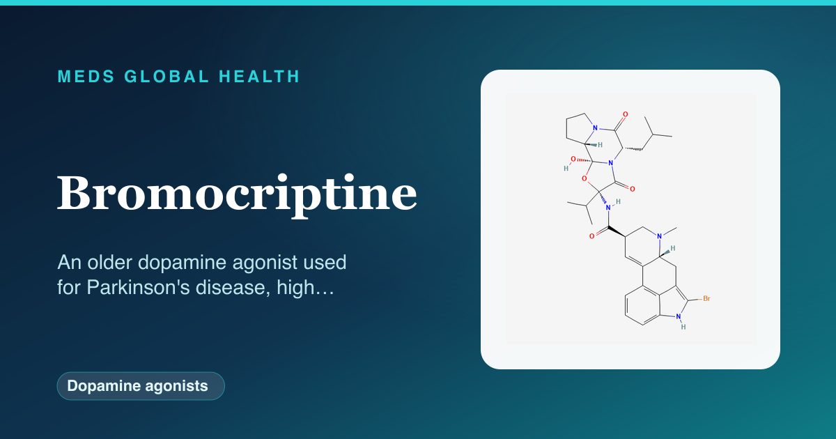 Bromocriptine (Dopamine agonists) — Meds Global Health reference card with 2D molecular structure