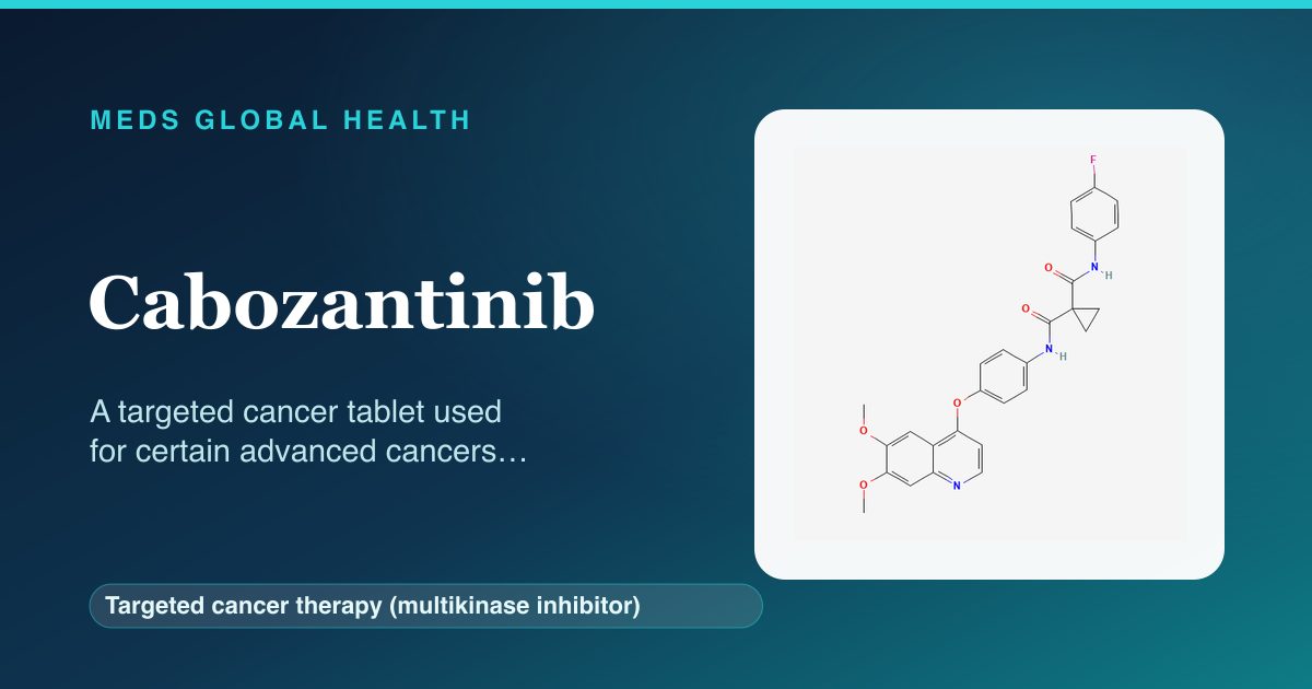 Cabozantinib (Targeted cancer therapy (multikinase inhibitor)) — Meds Global Health reference card with 2D molecular structure