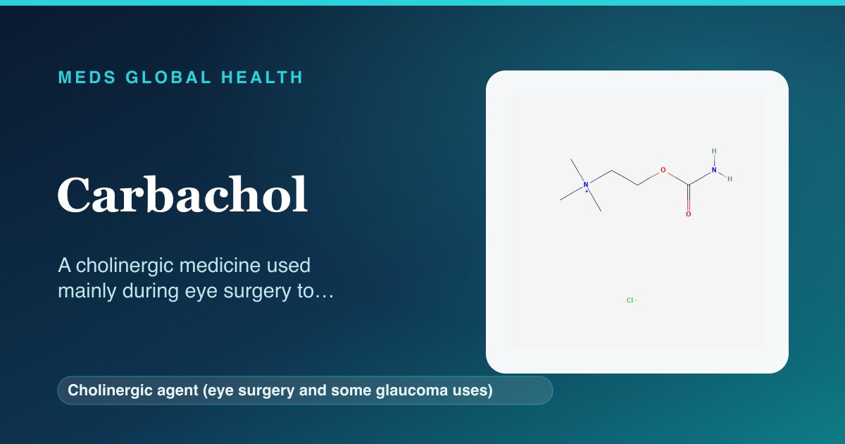 Carbachol (Cholinergic agent (eye surgery and some glaucoma uses)) — Meds Global Health reference card with 2D molecular structure