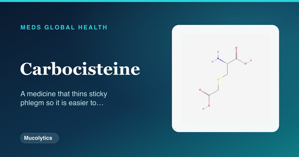 Carbocisteine (Mucolytics) — Meds Global Health reference card with 2D molecular structure