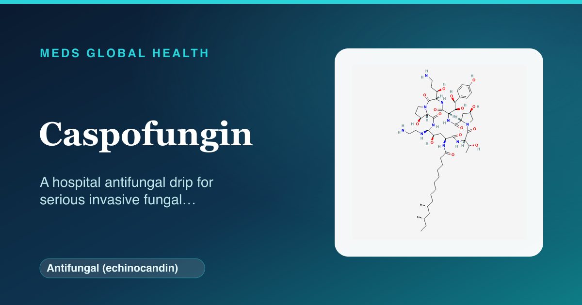 Caspofungin (Antifungal (echinocandin)) — Meds Global Health reference card with 2D molecular structure