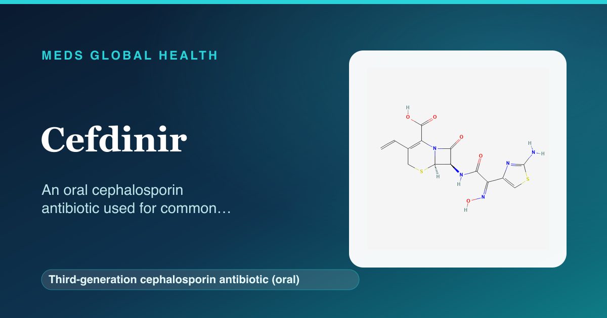 Cefdinir (Third-generation cephalosporin antibiotic (oral)) — Meds Global Health reference card with 2D molecular structure