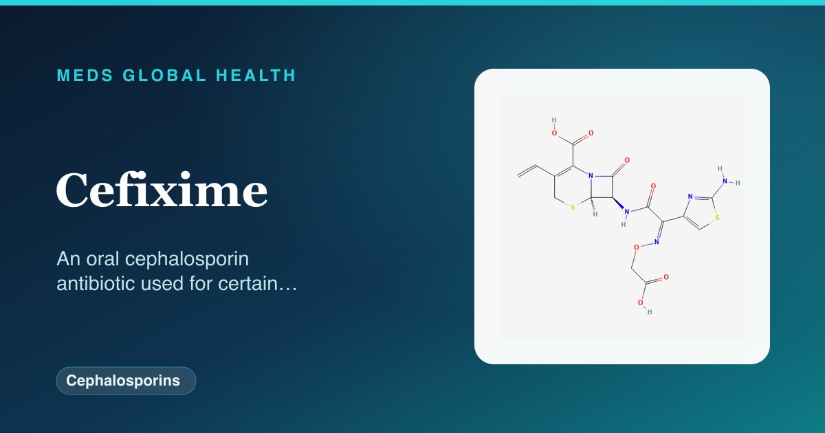 Cefixime (Cephalosporins) — Meds Global Health reference card with 2D molecular structure