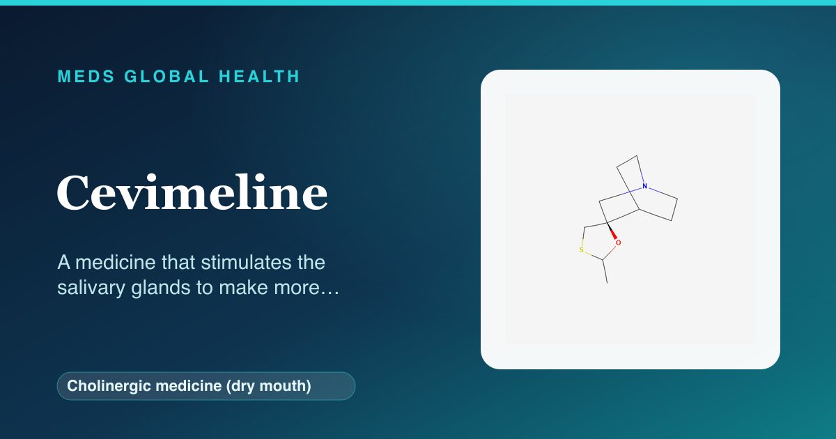 Cevimeline (Cholinergic medicine (dry mouth)) — Meds Global Health reference card with 2D molecular structure