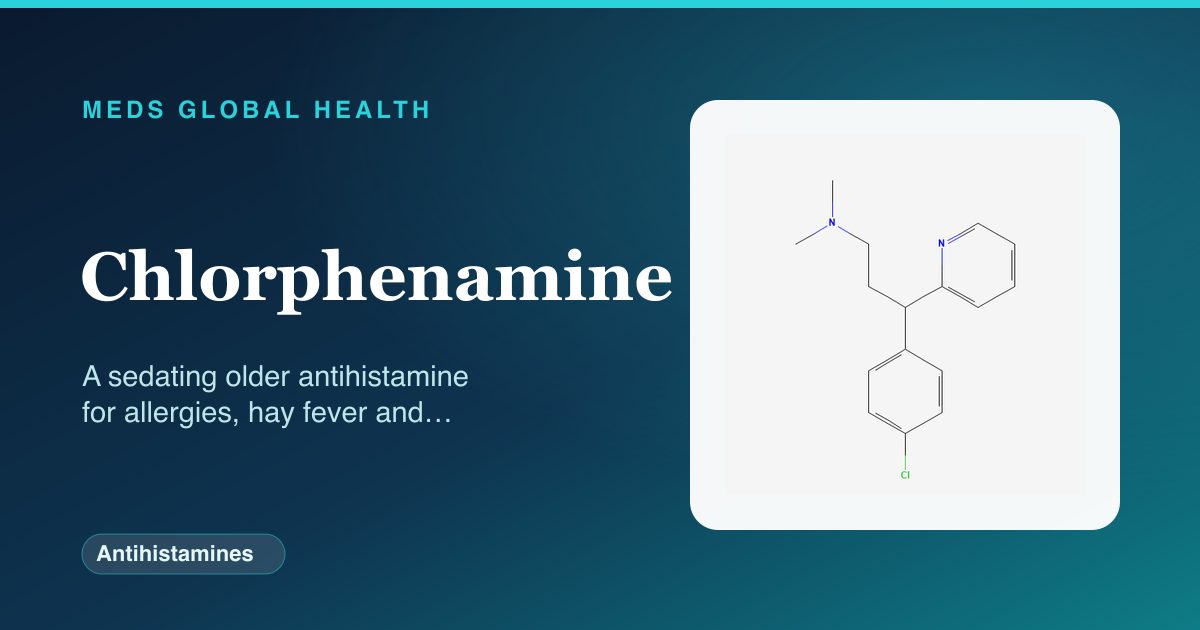 Chlorphenamine (Antihistamines) — Meds Global Health reference card with 2D molecular structure