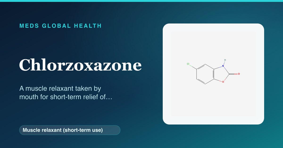 Chlorzoxazone (Muscle relaxant (short-term use)) — Meds Global Health reference card with 2D molecular structure