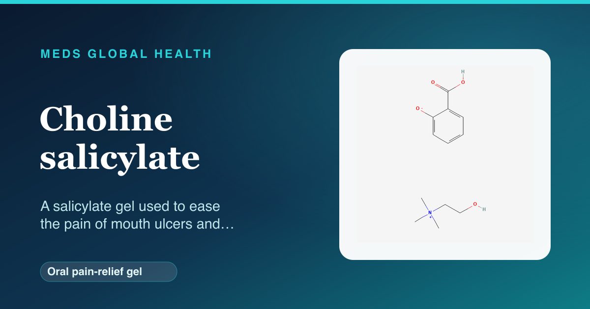 Choline salicylate (Oral pain-relief gel) — Meds Global Health reference card with 2D molecular structure
