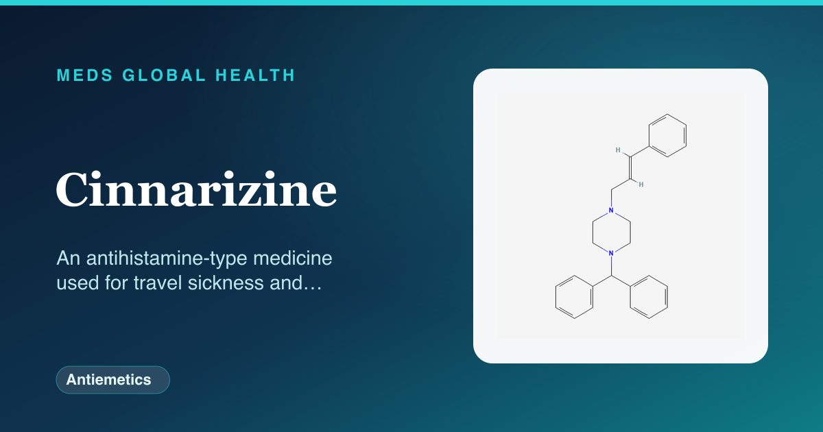 Cinnarizine (Antiemetics) — Meds Global Health reference card with 2D molecular structure