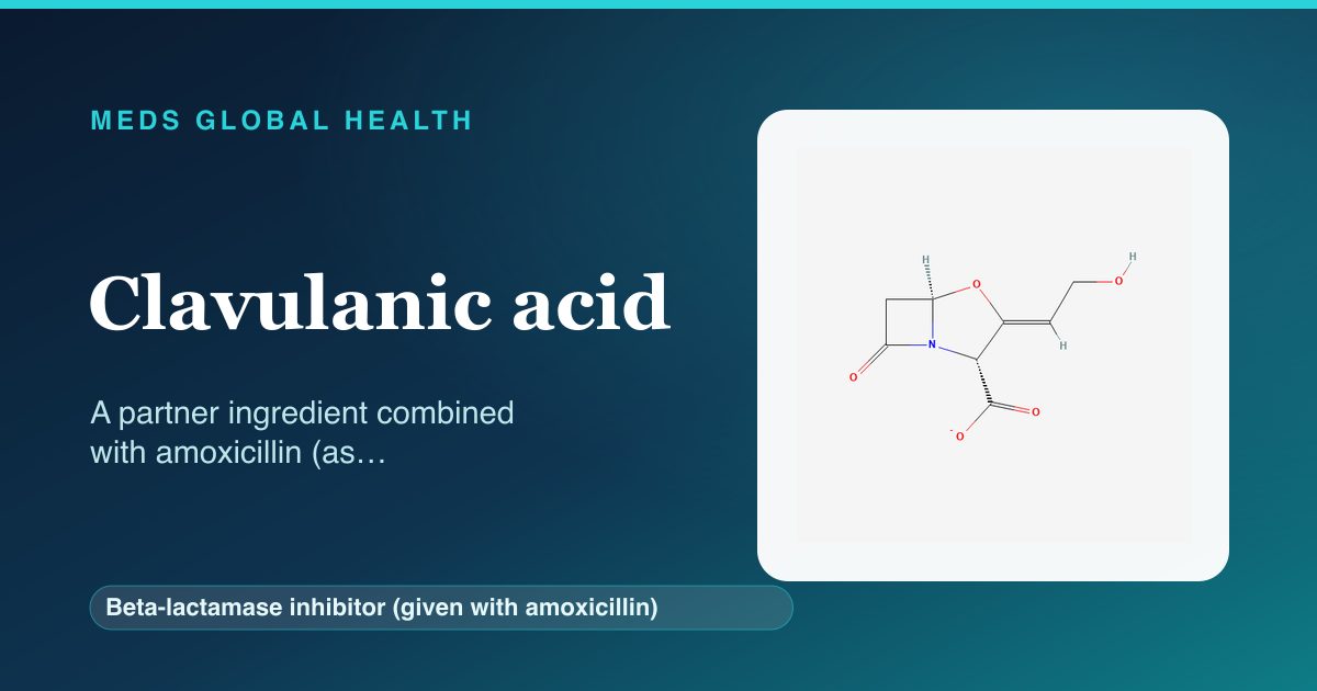 Clavulanic acid (Beta-lactamase inhibitor (given with amoxicillin)) — Meds Global Health reference card with 2D molecular structure