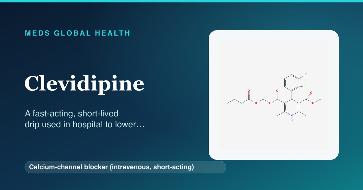 Clevidipine (Calcium-channel blocker (intravenous, short-acting)) — Meds Global Health reference card with 2D molecular structure