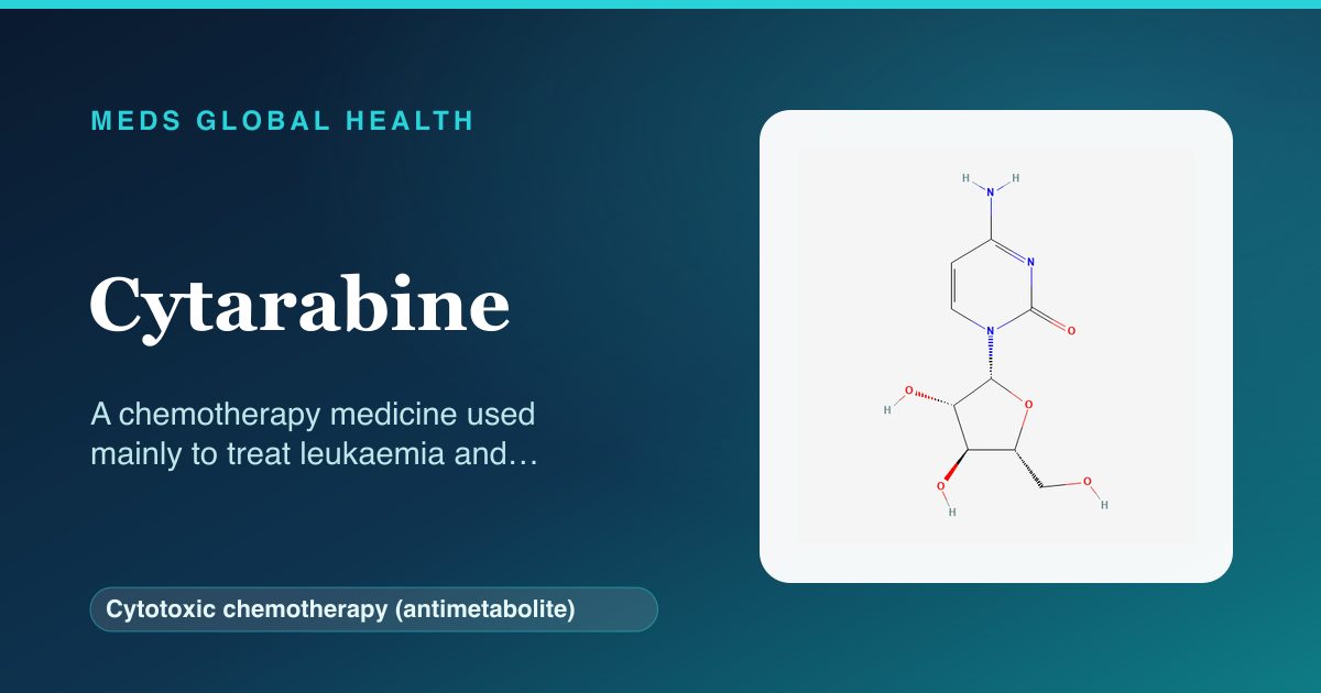 Cytarabine (Cytotoxic chemotherapy (antimetabolite)) — Meds Global Health reference card with 2D molecular structure