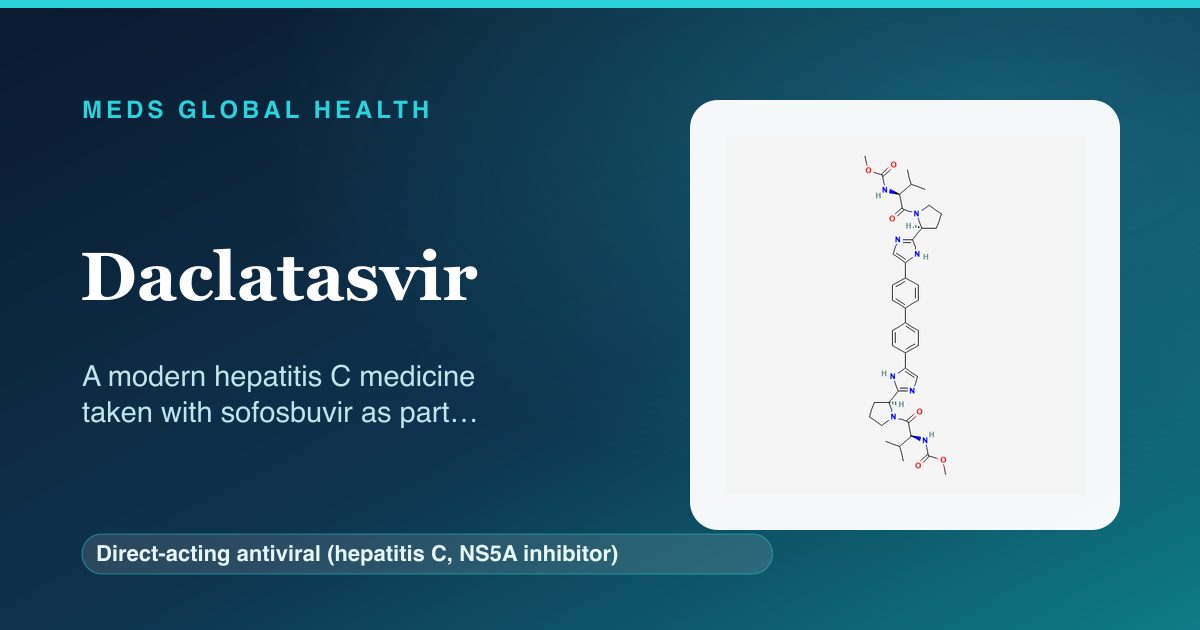 Daclatasvir (Direct-acting antiviral (hepatitis C, NS5A inhibitor)) — Meds Global Health reference card with 2D molecular structure