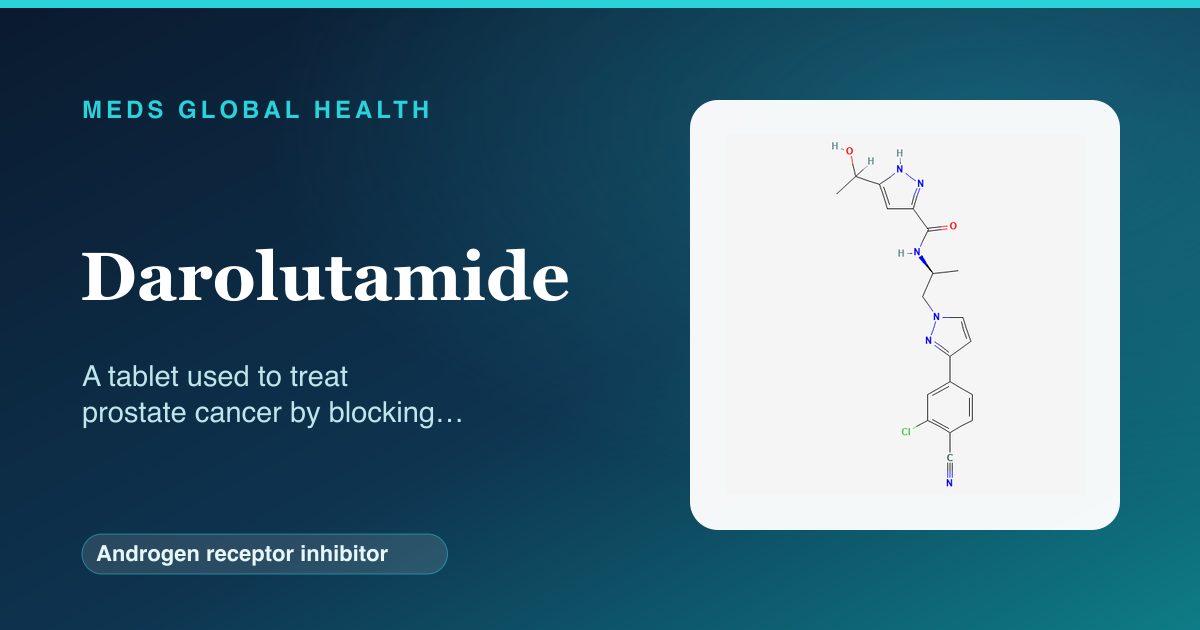 Darolutamide (Androgen receptor inhibitor) — Meds Global Health reference card with 2D molecular structure