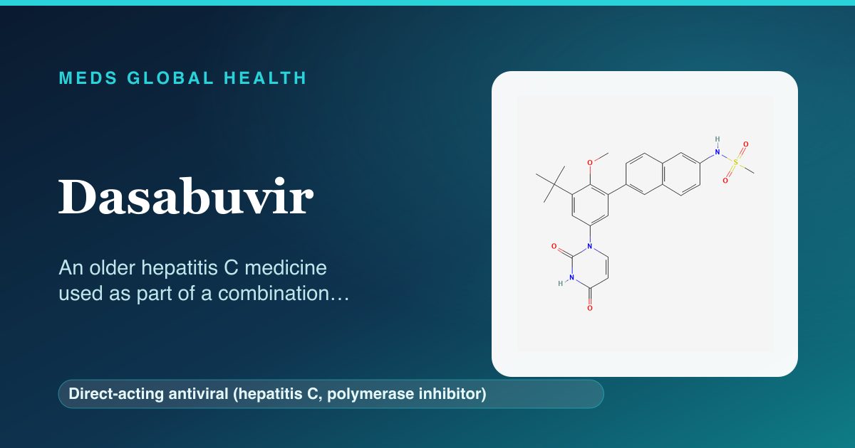 Dasabuvir (Direct-acting antiviral (hepatitis C, polymerase inhibitor)) — Meds Global Health reference card with 2D molecular structure