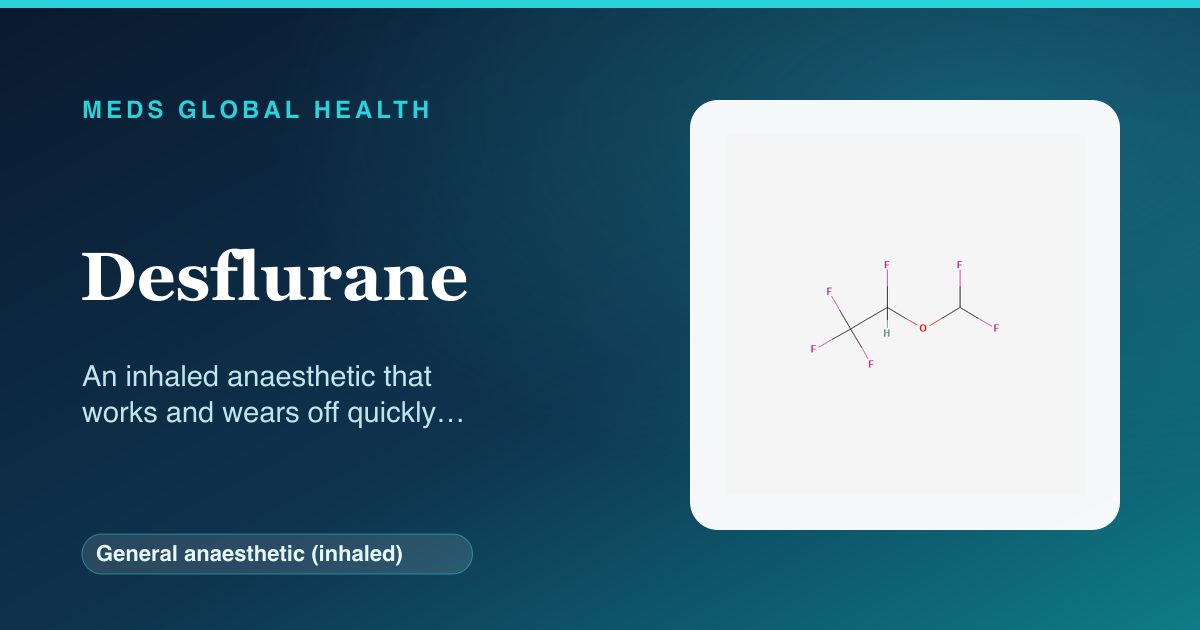 Desflurane (General anaesthetic (inhaled)) — Meds Global Health reference card with 2D molecular structure