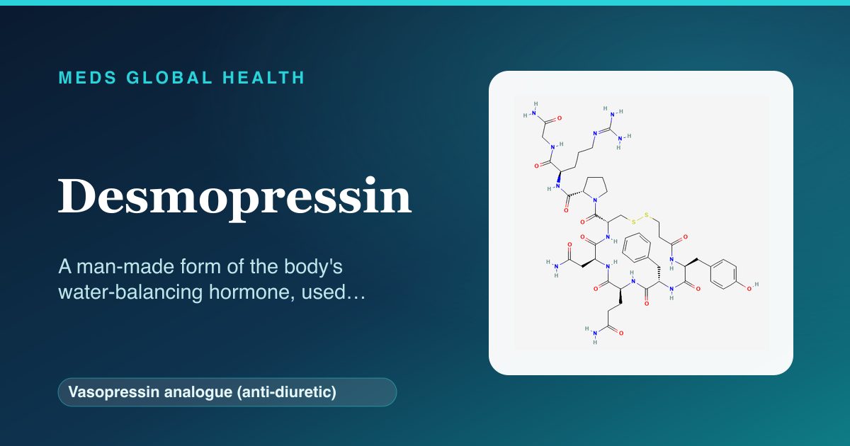 Desmopressin (Vasopressin analogue (anti-diuretic)) — Meds Global Health reference card with 2D molecular structure