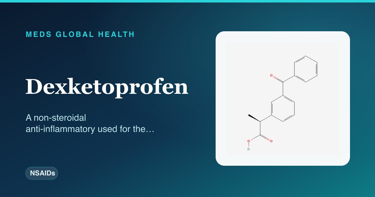 Dexketoprofen (NSAIDs) — Meds Global Health reference card with 2D molecular structure