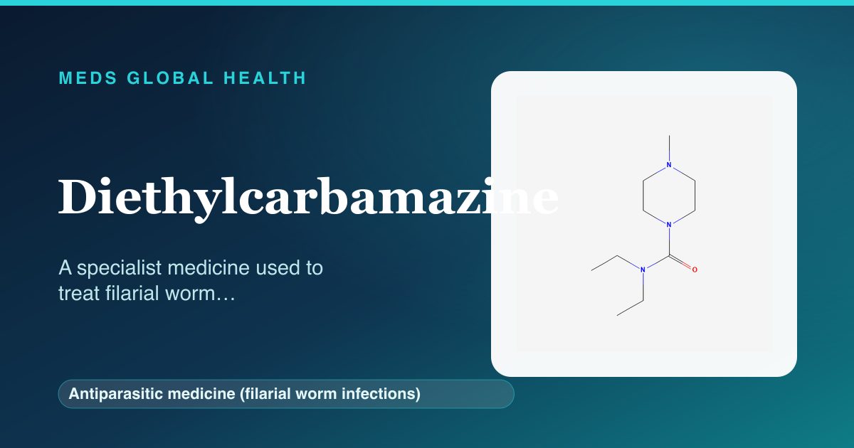 Diethylcarbamazine (Antiparasitic medicine (filarial worm infections)) — Meds Global Health reference card with 2D molecular structure