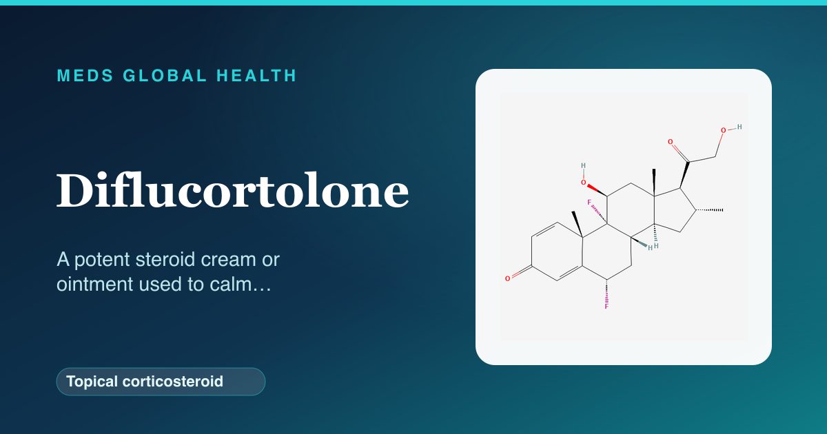 Diflucortolone (Topical corticosteroid) — Meds Global Health reference card with 2D molecular structure