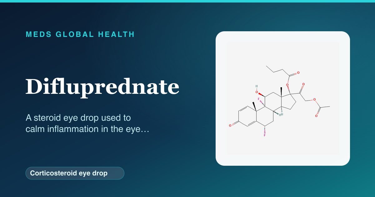 Difluprednate (Corticosteroid eye drop) — Meds Global Health reference card with 2D molecular structure