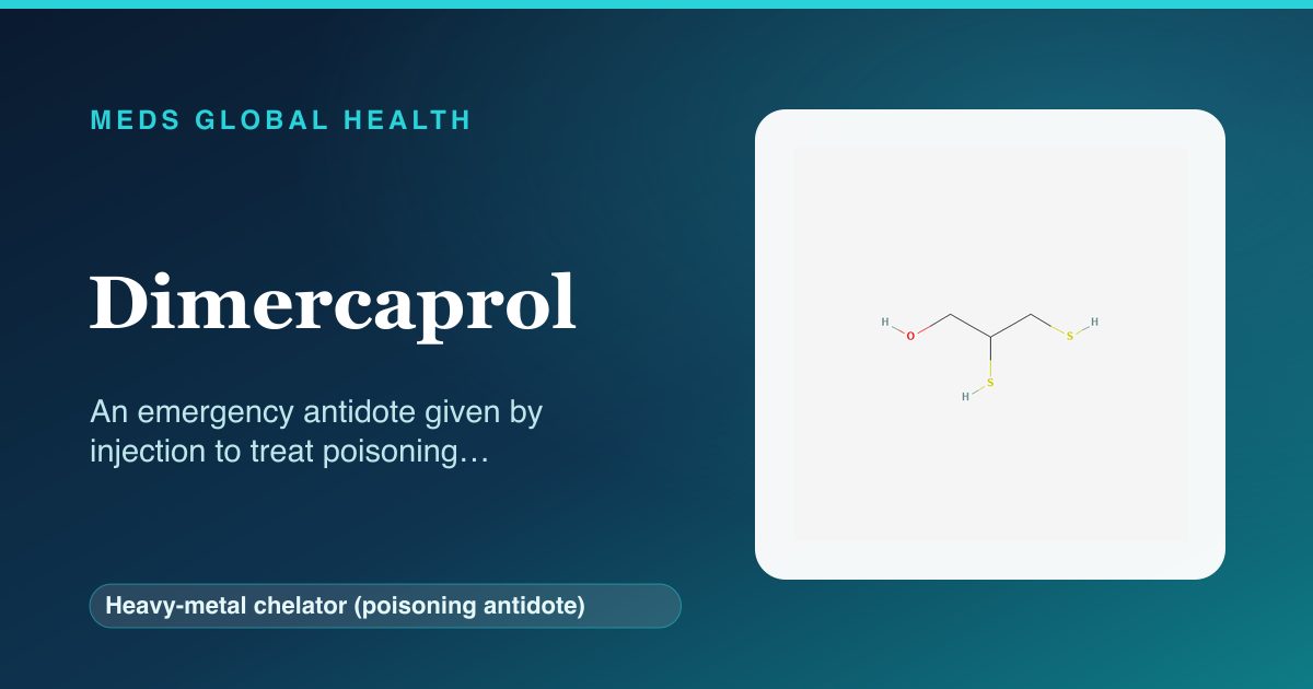 Dimercaprol (Heavy-metal chelator (poisoning antidote)) — Meds Global Health reference card with 2D molecular structure