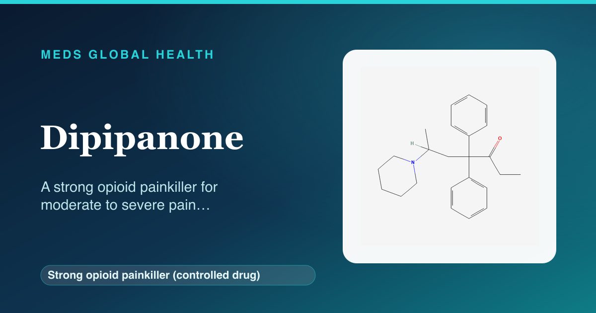 Dipipanone (Strong opioid painkiller (controlled drug)) — Meds Global Health reference card with 2D molecular structure