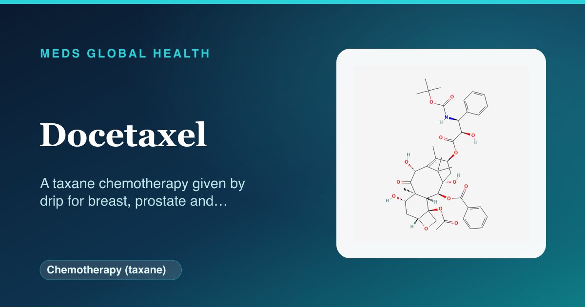 Docetaxel (Chemotherapy (taxane)) — Meds Global Health reference card with 2D molecular structure