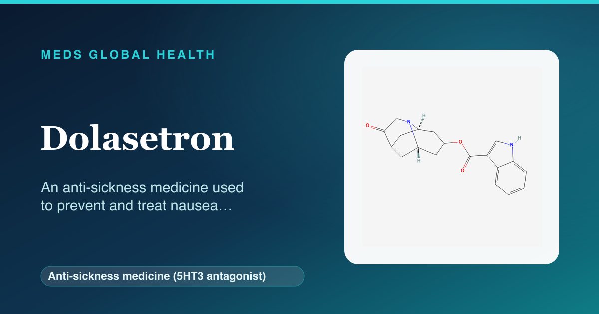 Dolasetron (Anti-sickness medicine (5HT3 antagonist)) — Meds Global Health reference card with 2D molecular structure