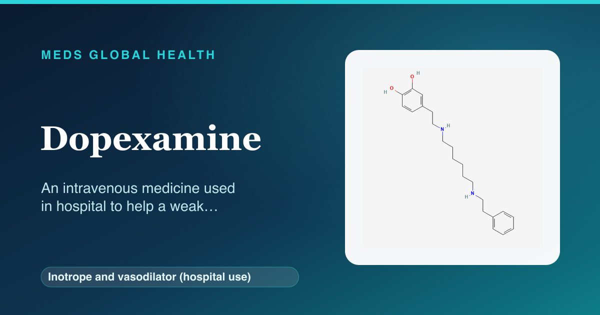 Dopexamine (Inotrope and vasodilator (hospital use)) — Meds Global Health reference card with 2D molecular structure