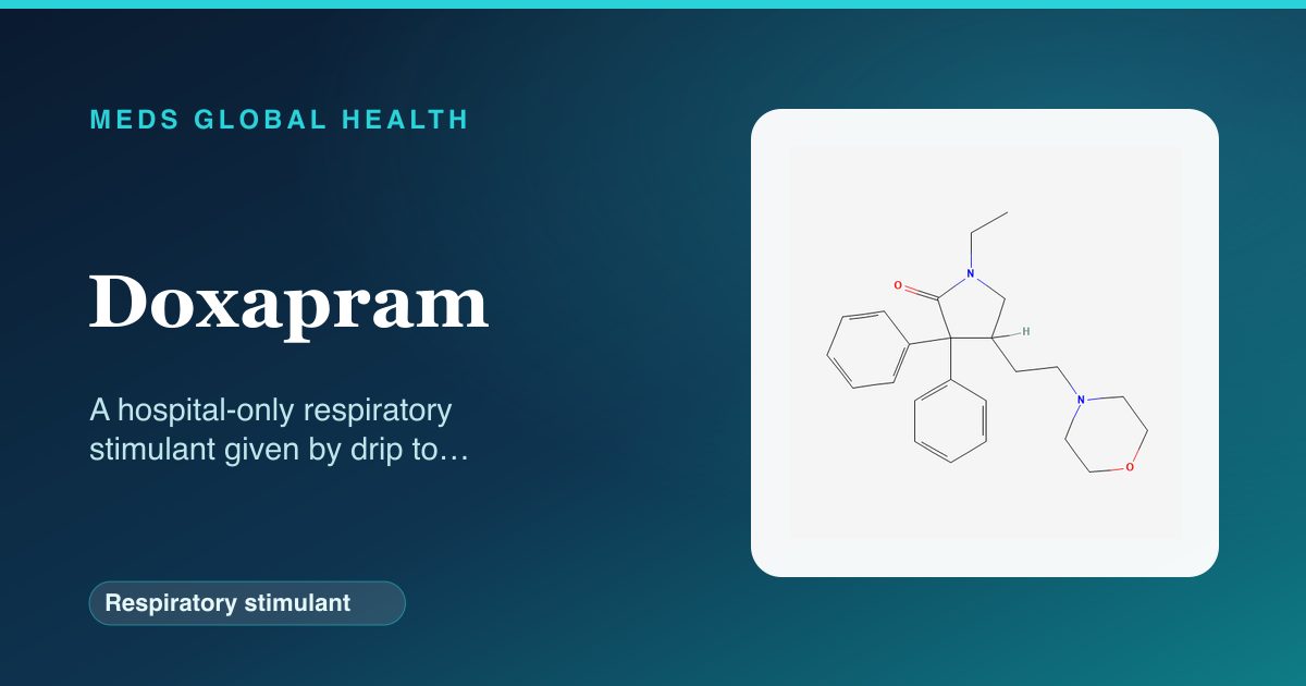 Doxapram (Respiratory stimulant) — Meds Global Health reference card with 2D molecular structure