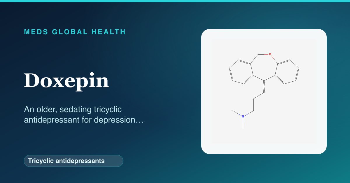 Doxepin (Tricyclic antidepressants) — Meds Global Health reference card with 2D molecular structure