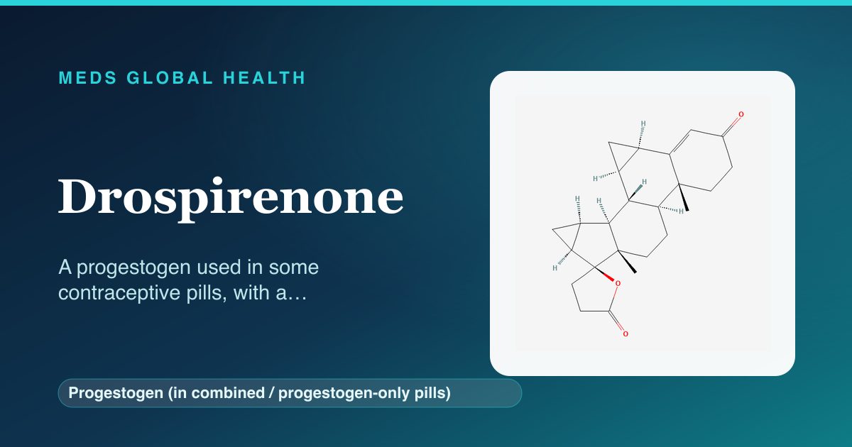 Drospirenone (Progestogen (in combined / progestogen-only pills)) — Meds Global Health reference card with 2D molecular structure
