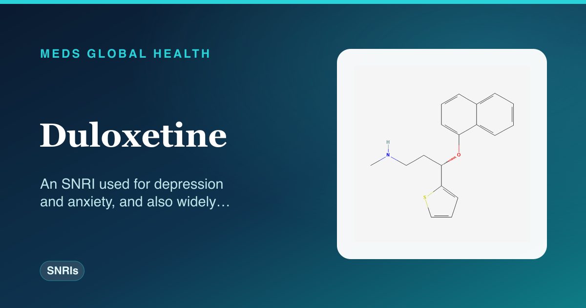 Duloxetine (SNRIs) — Meds Global Health reference card with 2D molecular structure