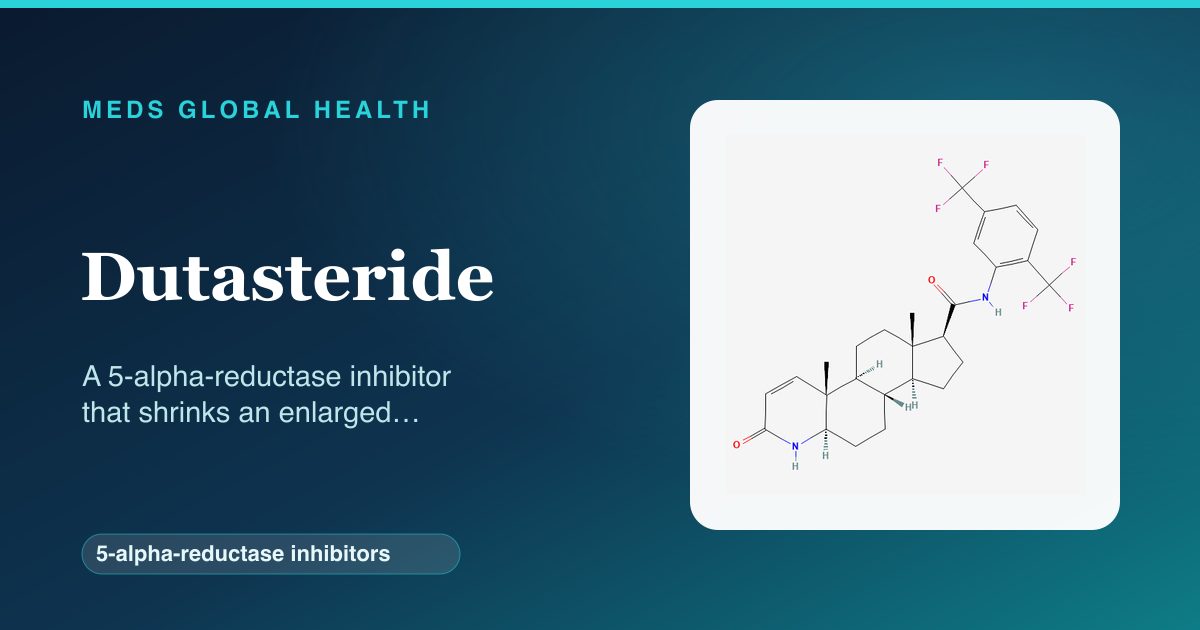 Dutasteride (5-alpha-reductase inhibitors) — Meds Global Health reference card with 2D molecular structure