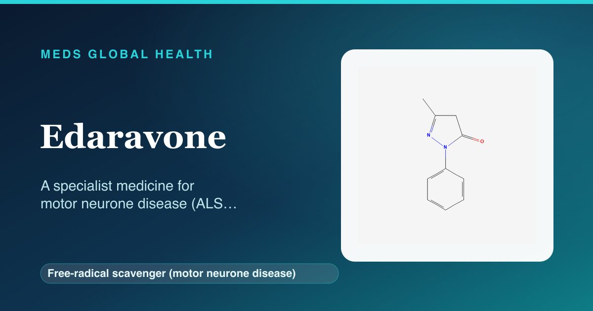 Edaravone (Free-radical scavenger (motor neurone disease)) — Meds Global Health reference card with 2D molecular structure